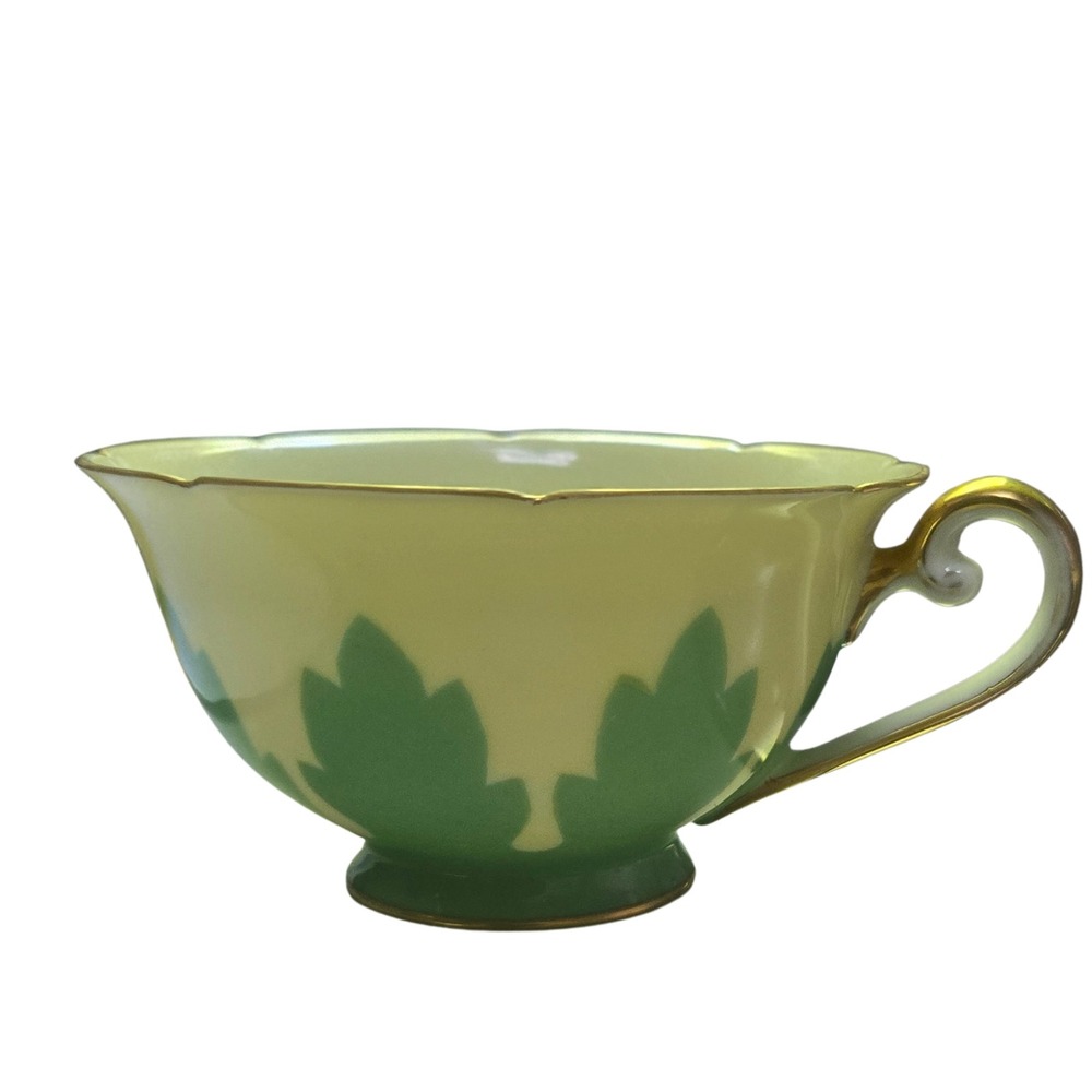 Noritake China Japan Yellow Lusterware Green Leaf Gold Gilt Scalloped Teacup